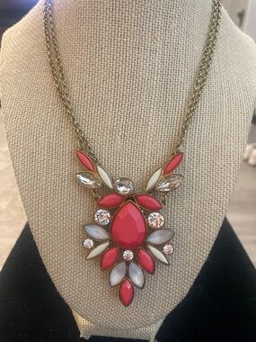 Allen Schwartz ABS Gold Chain Pink Statement Pendant Necklace rhinestones! 36”